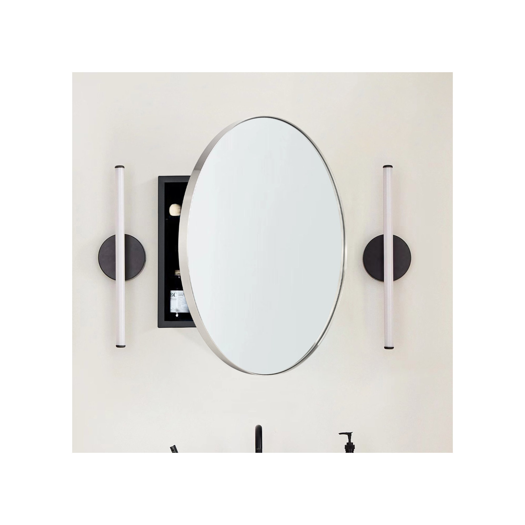 Seenaa Surface Mount Framed Medicine Cabinet with Mirror and 2 Adjustable Shelves, Brushed Nickel, 24" x 24"