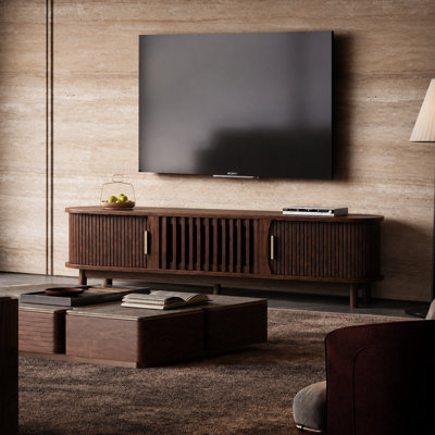 66.92" Modern TV Stand, Slatted Grille Doors with Rounded Corners & Solid Wood Legs