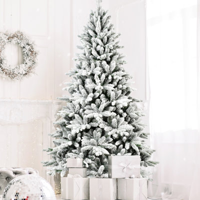 Arbre artificiel floqué de 6 pi avec 1100 pointes, mélange Pe +, branches articulées et support en métal pour une ambiance des Fêtes
