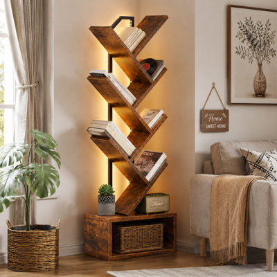 Bibliothèque d'arbre avec lumières DEL, bibliothèque de rangement étroite à 6 niveaux pour petits espaces