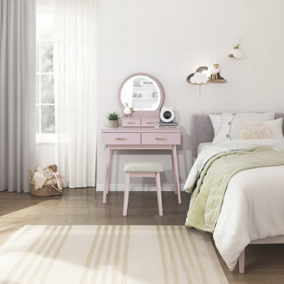 Exquisite Pink Dresser Set With Mirror And Stool With Storage Drawers Bedroom Furniture
