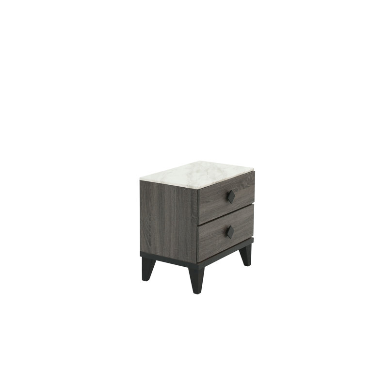 Nightstand In Dark Gray Oak Rustic Style With Faux Marble, 23 X 15 Inch Marble Topped Look, 23" H 15" W D