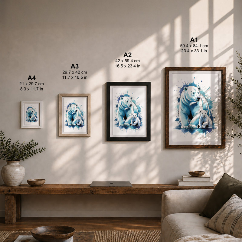 Polar Bears in Blue Modern - Framed Print, Unframed, A2 - 59.4 x 42.0 cm