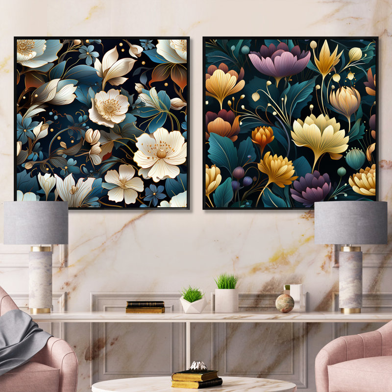 Jewel Tones Flowers Blooms - Abstract Botanicals Square, ensemble de 2 collages carrés, Cadre flottant noir