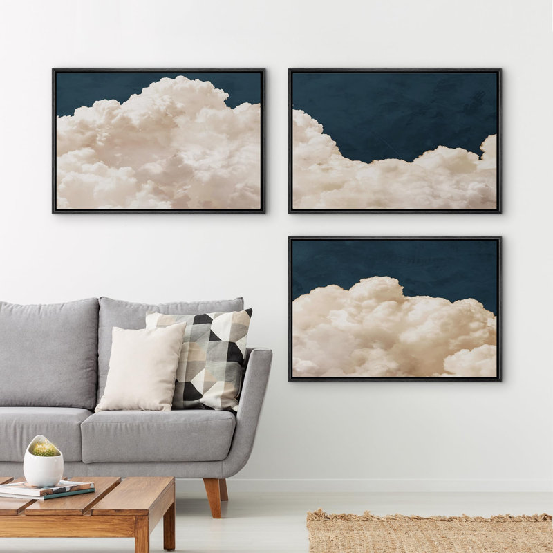 Clouds " Fluffy Clouds Illustrations " 3 - Pieces, Black Framed, 24" H x 36" W