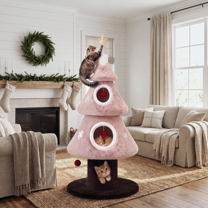 Arbre à chat 56 po avec 3 condos, flocons de neige interactifs et base renforcée, Rose
