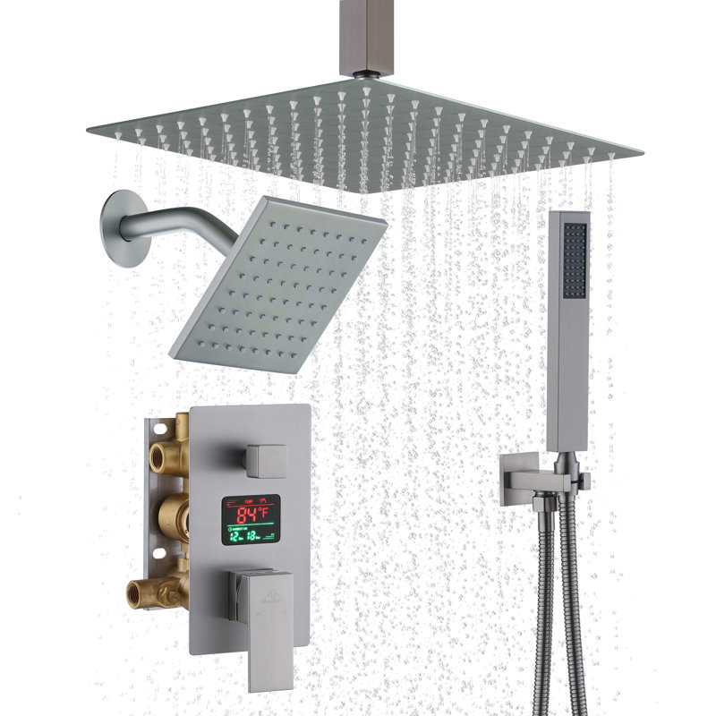 Brushed Nickel Rainfall Dual Shower Head System with Digital Display