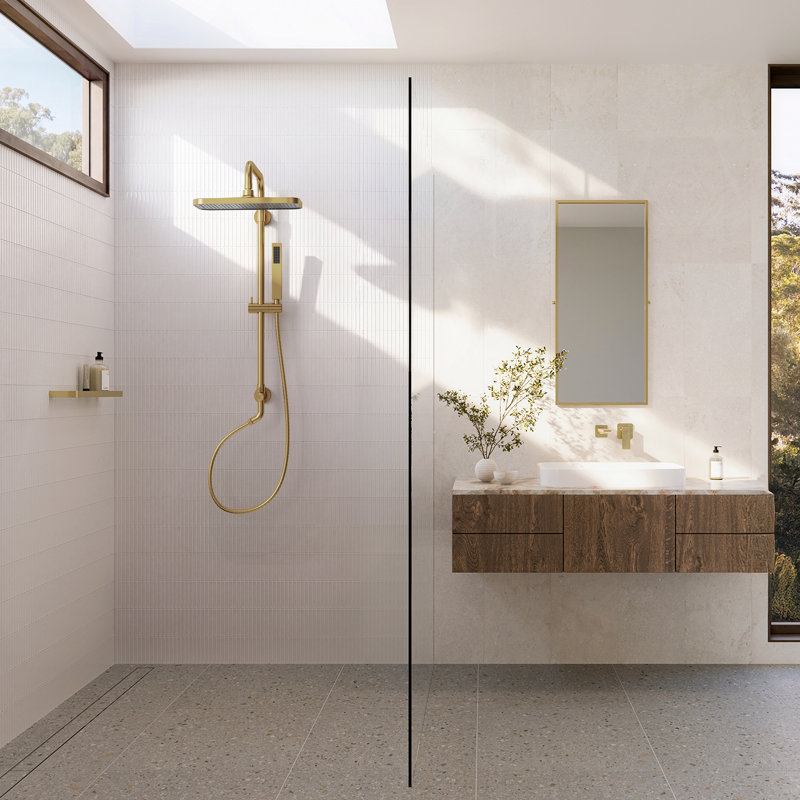 Wall Mount Rainfall Shower System, Dual‑Function Shower Head with Slide Bar, Handheld Shower, Brushed Gold