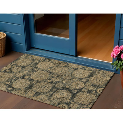 3' X 5' Gold Floral Washable Indoor Outdoor Area Rug