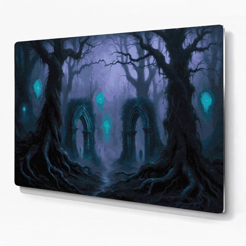 Art mural bleu d'Halloween forêt hantée, H 12 po x l 18 po