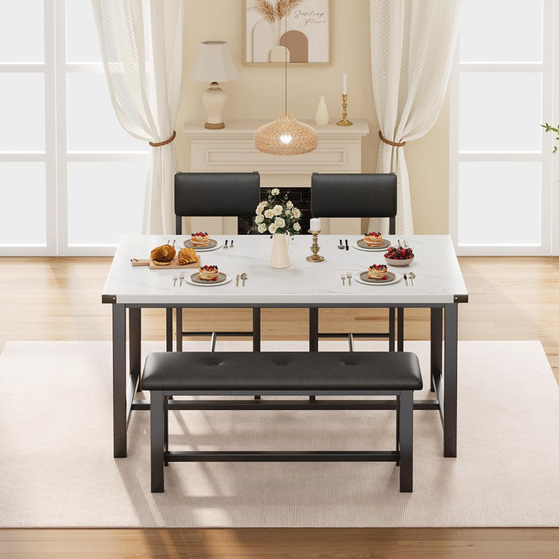 Small Space Wooden Dining Table Set for 4, Kitchen Table and 2 Upholstered Chairs w/Bench, Rectangular Dining Room Set