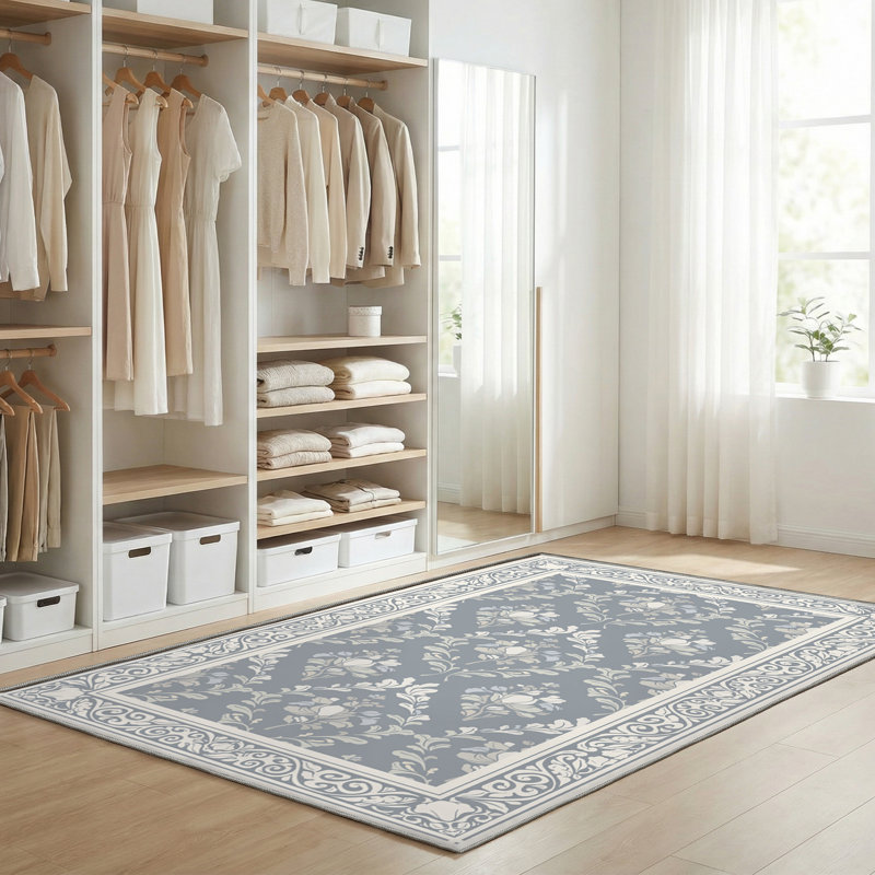 Tapis d'intérieur antidérapant 3 pi x 5 pi avec motif floral lavable à la machine, grège, Grège, Rectangulaire 3 pi x 5 pi
