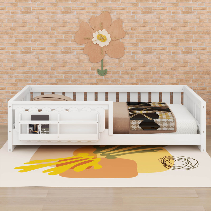Lit avec étagères de rangement, cadre de lit plateforme en bois avec garde-corps de sécurité, Lit simple, Blanc