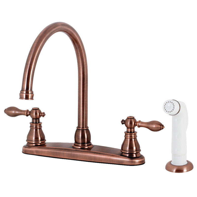 Kingston Brass American Classic Two-Handle 4-Hole 8" Centerset Kitchen Faucet with Side Sprayer, Antique Copper