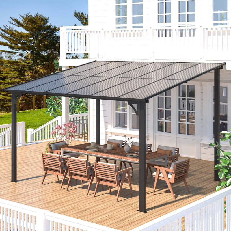 Large Hard Top Lean To Metal Gazebo With Patio Roof, 96" H x 144" W x 120" D