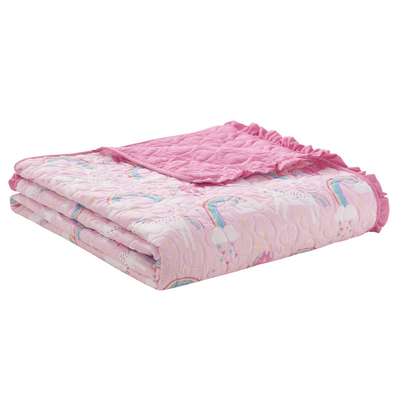 Pink Reversible Microfiber Twin Quilt Set with Unicorns