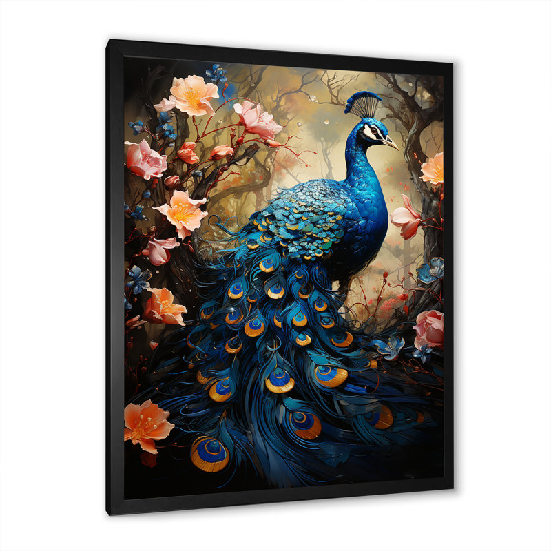 «Fantasy Peacock In Enchanted Blooms I», reproduction sur toile, Cadre photo noir simple, H 32 po x l 16 po x P 1 po