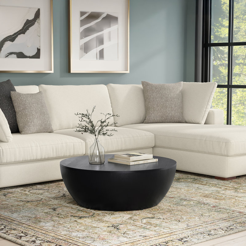 Elmbrook 34"W Solid Mango Wood Modern Industrial Drum Coffee Table, Assembled, Black