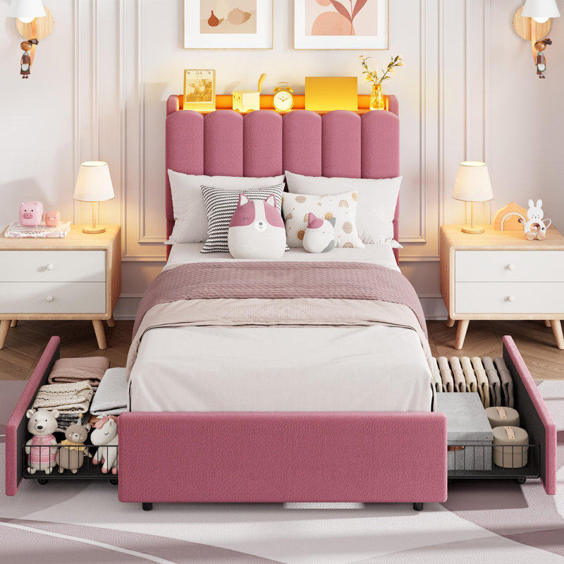 Structure de lit à DEL simple TG avec 2 tiroirs de rangement pour enfants, rose foncé