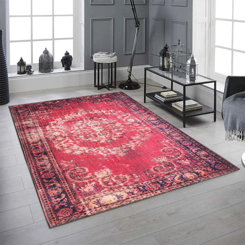 Tapis géométrique tissé à la machine en rouge, Rectangle 4 pi x 6 pi