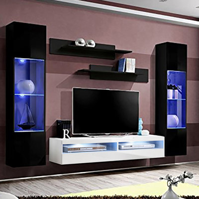 100" Modern Floating Wall Mounted Entertainment Center with 16-Color LED Lighting, High Gloss Finish