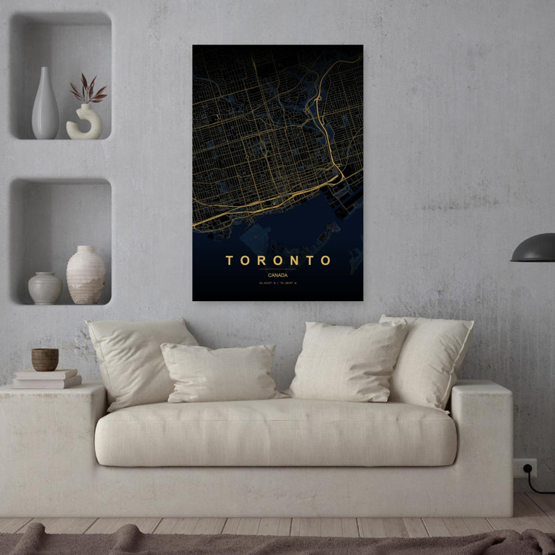 Golden Toronto City Map Minimalist Modern Abstract City Wall Art Print 1 Piece Wrapped Canvas Wall Art, 91.44cm H x 60.96cm W