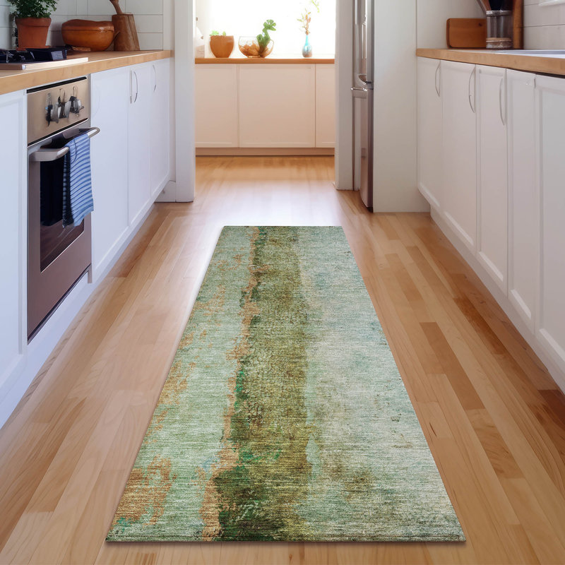 Premium Machine Washable Cerrito AMF605 Green Rug, Runner 2'3" x 7'6"