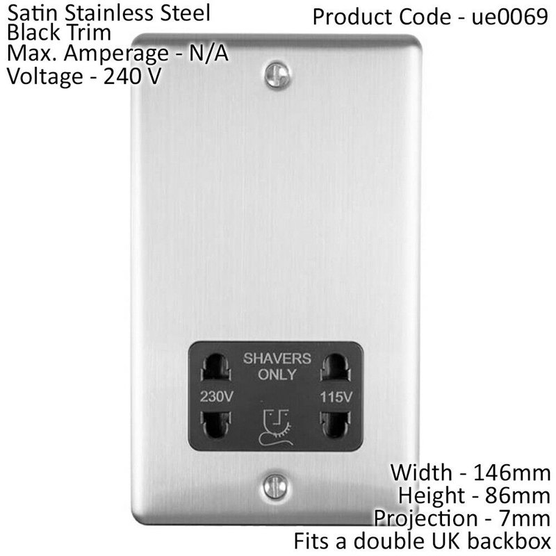 230v & 115v Shaver Twin Socket Wall Plate  Grey Trim 86mm x 146mm, Silver/Black, Satin