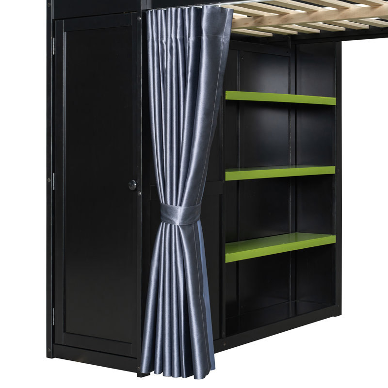 Lit mezzanine en bois avec garde-robe, tablettes, rideaux occultants et lumières RVB Pedersen, Noir/vert