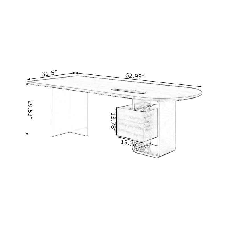 Bureau en bois massif noir + demi-cercle transparent + acier + acrylique avec 2 tiroirs, H 29,53 po x l 62,99 po x P 31,5 po