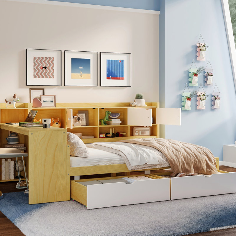 Lit de jour en L avec rangement pour une chambre à coucher moderne et pratique Bureau polyvalent spacieux, Naturel
