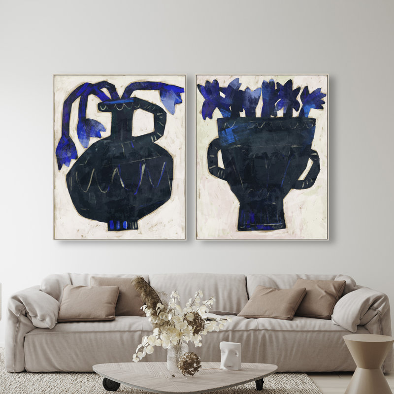 Indigo Vases Set Set by Oliver Gal, 92"H x 74"W, Silver Floater Frame