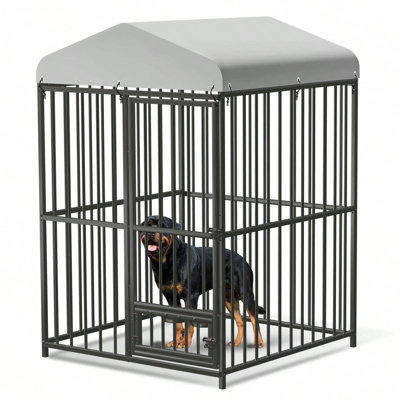 4 4 6 FT Large Outdoor Dog Kennel Galvanized Metal Heavy-Duty Dog Cage with Waterproof Roof UV-Resistant Cover Secure Lock and Feeding Door for Medium Dogs