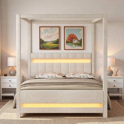 Lit plateforme à baldaquin avec tête de lit tapissier et lumières DEL