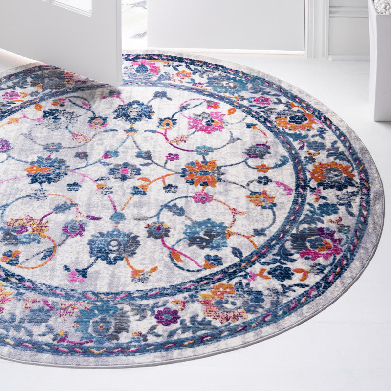 Tapis ivoire à motif floral, Rond 5 pi 1 po