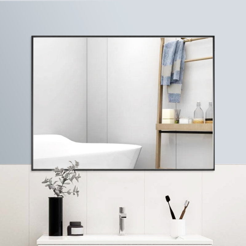 Modern & Contemporary Rectangle Bathroom Vanity Mirror Metal Framed Wall Mirror, Black, 36" x 30"