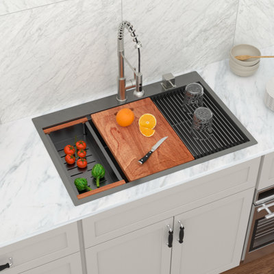 33" x 22" Gunmetal Black Drop-in Kitchen Sink Stainless Steel Workstation Sink with Two Faucet Hole