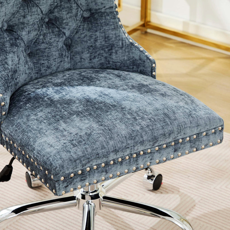 Chaise de bureau, chaise de bureau rembourrée capitonnée avec base en métal, Bleu clair, Bleu clair
