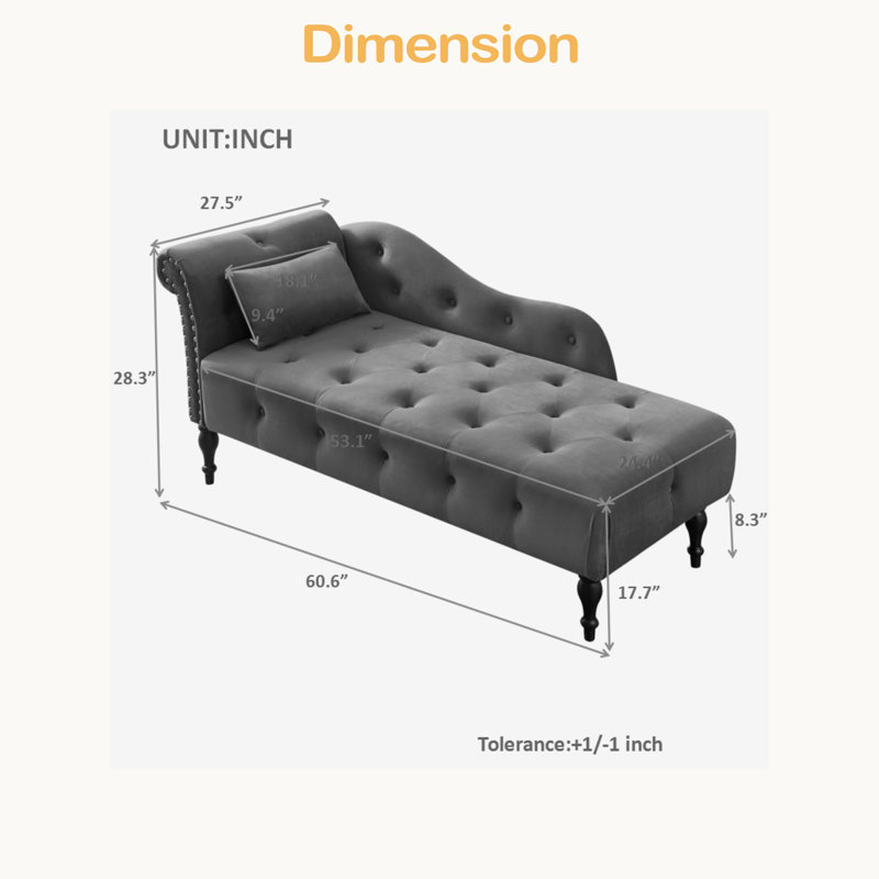 Pieds en velours 60,6 "capitonnés avec garniture cloutée et pieds en bois massif avec 1 coussin, Gris