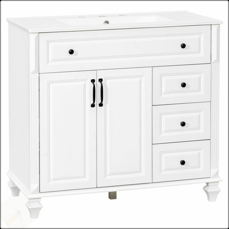 Meuble-lavabo de 36 po en bois massif blanc avec lavabo, tiroir rabattable et grand espace de rangement, panneau de fibres à densité moyenne moderne avec poignées en métal