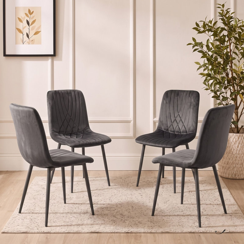 Modern Round Glass Dining Table Set with 4 Velvet Diamond Chairs 4 Seater Dining Room Set, Grey