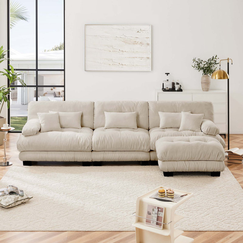 Canapé à assise profonde en L 3 places avec 1 repose-pieds, Chenille café clair
