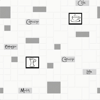 Contour Cafe Culture Kitchen Grey/White Tiled Washable Typography Wallpaper