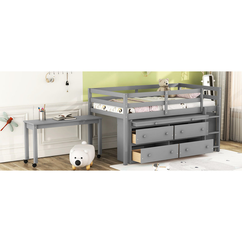 Lit mezzanine gris avec bureau rétractable et espace de rangement organisé - lit simple moderne avec rangement en bois massif durable