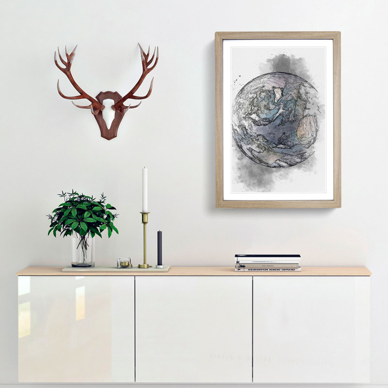 Blue Marble of Planet Earth in Abstract - Picture Frame Drawing Print, 48cm H x 36cm W x 2cm D, Oak Framed