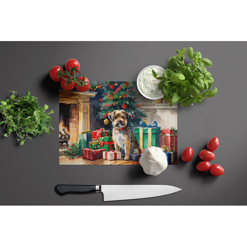 Border Terrier Cozy Christmas Glass Cutting Board Large