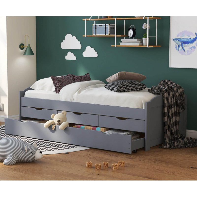 Ulli cot bed with trundle and 3 drawers - including slatted frame, 90 x 200 cm, Grey