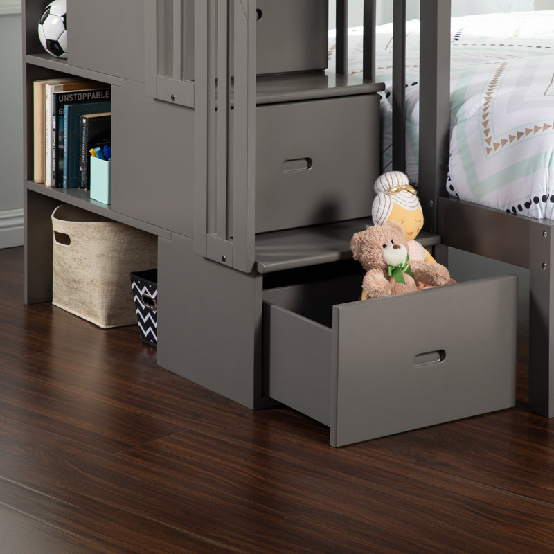 Jaxson Kids Solid Wood Staircase Bunk Bed with Roll Out Trundle, Gray, Twin Over Full