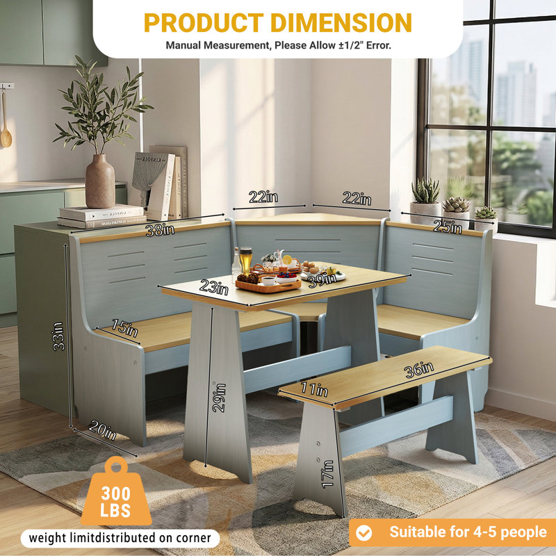 Berna 3-Piece Solid Pine Wood Corner Dining Set with L-Shaped Bench, Space-Saving Breakfast Nook Table Set for Kitchen, Dining Room, Café, Seats Up to 5