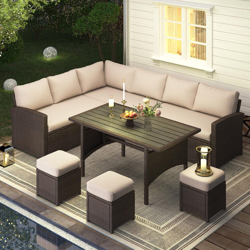 Hinesville 7 Piece Rattan Lounge Dining with Cushions, Brown Frame/Tan Cushion